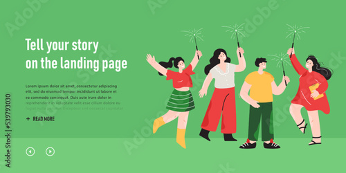 Happy people with bright sparklers or fireworks celebrating. Flat vector illustration. Corporate party of office workers. Group of friends celebrating New Year or birthday together. Joy, party concept