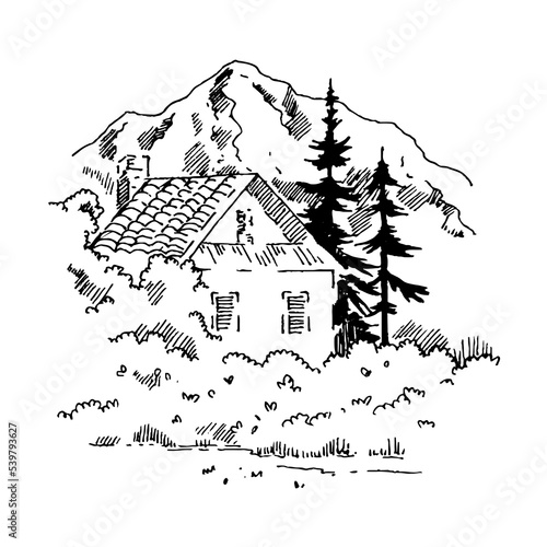 vector illustration linear landscape on white background. landscape in hand draw minimalist sketch style. The figure shows forest trees, mountains and house