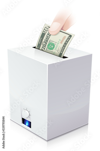 A hand drops a 20 dollar bill into a gas boiler like a piggy bank isolated on a white background (isolated)