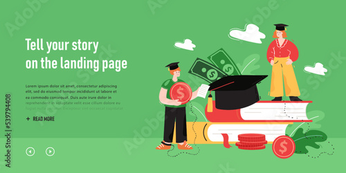 Cartoon students taking loans for university studies. Huge books, character getting scholarship, money for college fees flat vector illustration. Education, finances, economy concept for banner
