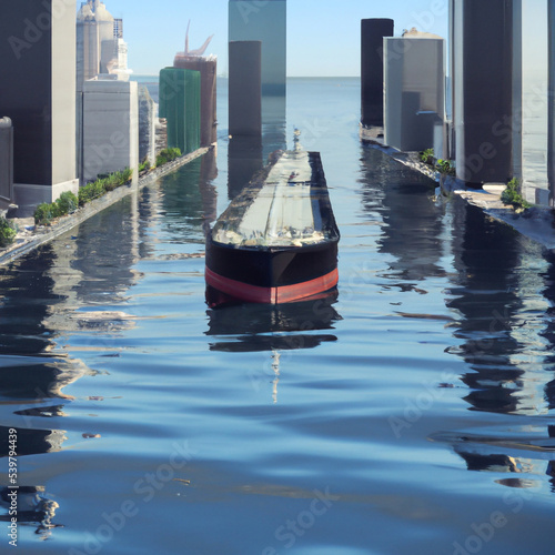Digital illustration of oil tanker in a big city with sea level rising between skyscrapers, streets underwater. Concept art with global warming and rising sea level design. Poster, album art cover.