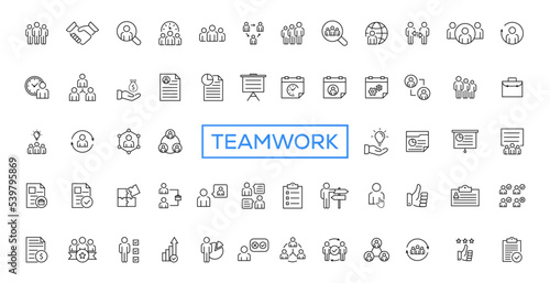 Teamwork line icons set. Businessman outline icons collection. Work group and human resources. Business teamwork, human resources, meeting, partnership, meeting, work group, success