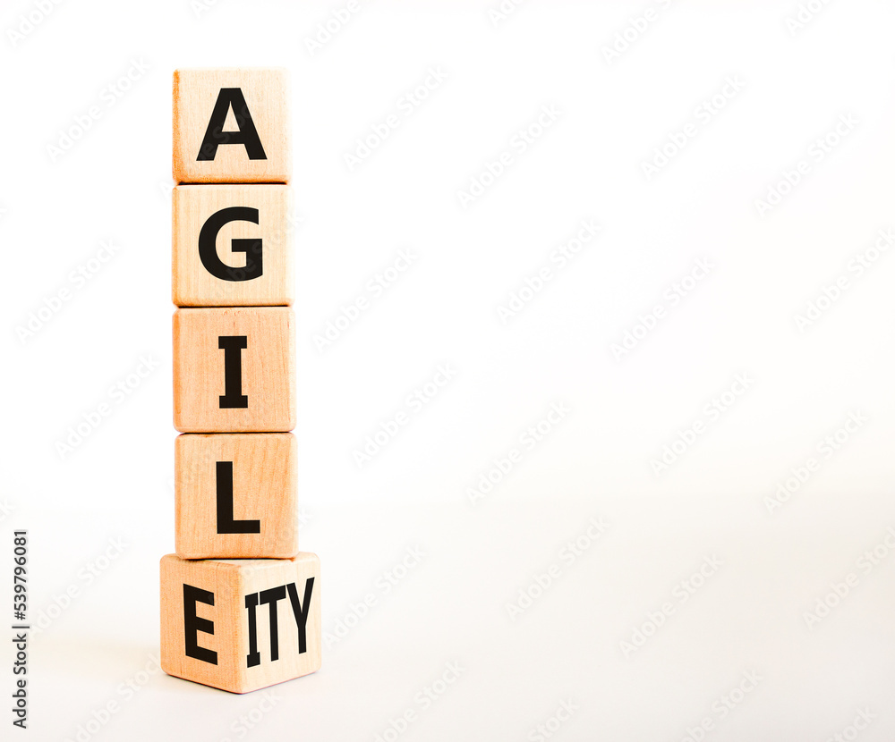 Agile and agility symbol. Concept words Agile and Agility on wooden cubes. Beautiful white table white background. Business agile and agility concept. Copy space. Agile and agility symbol. Concept words Agile and Agility on wooden cubes. Beautiful white table white background. Business agile and agility concept. Copy space.