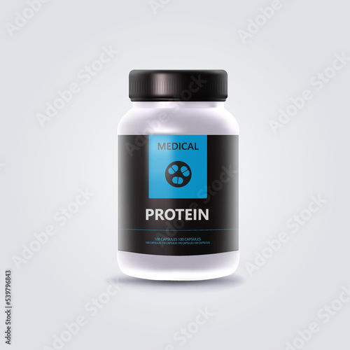 Mockup Banks white Protein sports 3d container. Amino acids Round pack for muscle training. Realistic cylindrical jar with vitamins.