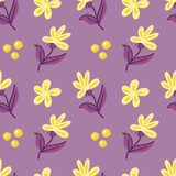 Vector pattern with purple and yellow abstract twigs of leaves and flowers on a purple background.