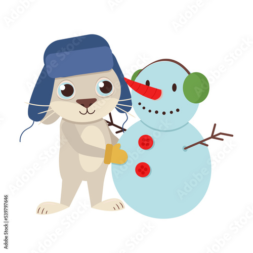 Сute character hare in a hat with earflaps, a scarf and mittens makes a snowman. Vector graphic.