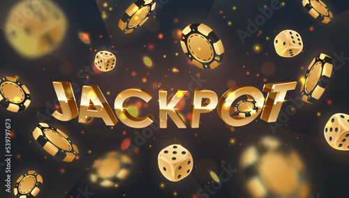 Falling gold poker chips, tokens and dices with golden letters Jackpot on black background with golden glare, sparkles, bokeh. Vector illustration for casino, game design, advertising.