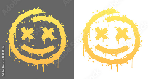 Yellow smile with crosses in their eyes, graffiti with splashes, paint streaks. Isolated on white, grey background. Vector illustration for party, postcard, banner, cards, web, design, advertising.