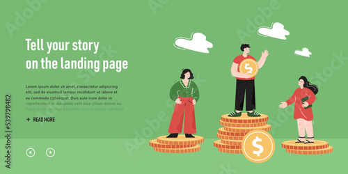 Gender wage discrimination flat vector illustration. Male and female employees standing on stacks of coins of different heights. Injustice, inequality, salary, feminism, payment concept for design