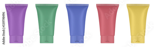 Rainbow palette of acrylic paint in plastic tubes. Liquid watercolor. Oil paint or gouache. Tempera. Purple, blue, green, yellow and red colors. Hand cream, mask or lotion. Professional shampoo.