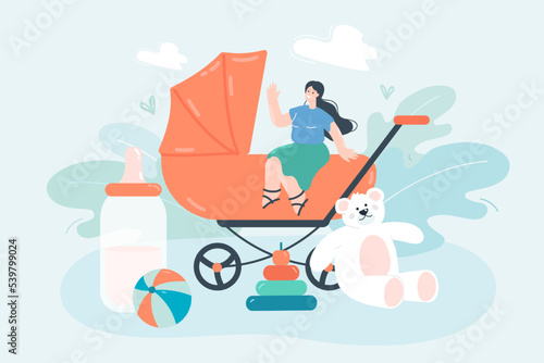 Tiny babysitter or mother sitting on huge buggy for newborn baby. Carriage or stroller, toys for nursery flat vector illustration. Family, care concept for banner, website design or landing web page