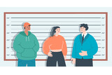 Criminal identification flat vector illustration. Woman and men looking at camera. Male and female perpetrators, bandits suspected of mugging, theft, robbery or assault. Mafia, police lineup concept