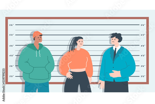 Criminal identification flat vector illustration. Woman and men looking at camera. Male and female perpetrators, bandits suspected of mugging, theft, robbery or assault. Mafia, police lineup concept