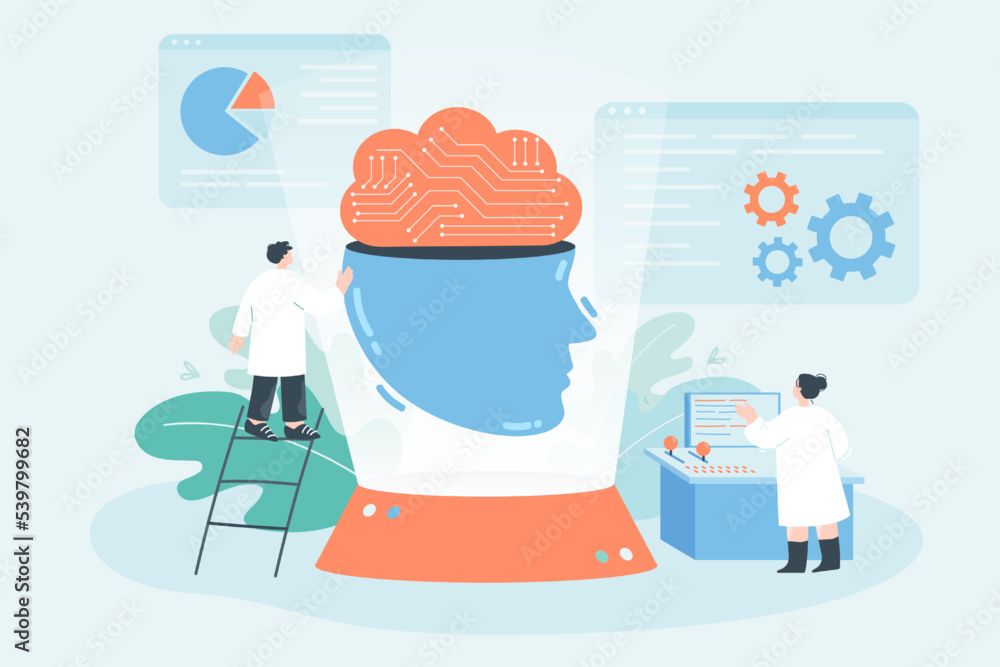 Scientists analyzing brain flat vector illustration. Tiny man and woman using machine learning, data science and computing technology to explore human brain. Artificial intelligence, AI concept Scientists analyzing brain flat vector illustration. Tiny man and woman using machine learning, data science and computing technology to explore human brain. Artificial intelligence, AI concept