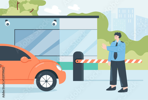 Guard stopping car before parking gate flat vector illustration. Man or police officer in uniform at toll booth checking vehicle. Transportation, security, occupation concept