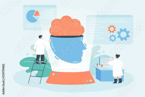Scientists analyzing brain flat vector illustration. Tiny man and woman using machine learning, data science and computing technology to explore human brain. Artificial intelligence, AI concept