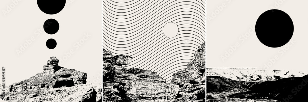 Vector set of hand drawn illustration of landscape with geometrical elements. Creative artwork. Template for card, poster, banner, print for t-shirt, pin, badge, patch. Vector set of hand drawn illustration of landscape with geometrical elements. Creative artwork. Template for card, poster, banner, print for t-shirt, pin, badge, patch.
