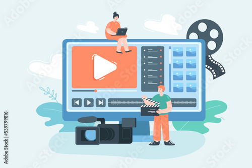 Tiny people editing footage on huge computer. Male and female video editors or operators with camera creating viral content in studio flat vector illustration. Multimedia production, business concept