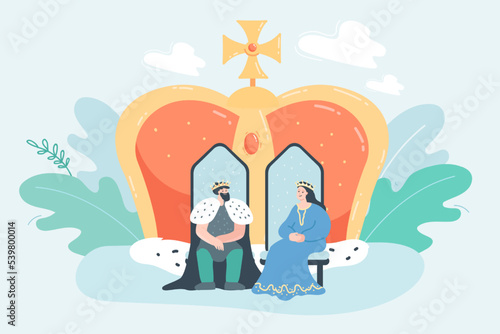 Happy royal family sitting on thrones with crown in background. Cartoon king and queen flat vector illustration. Monarchy, aristocracy, leadership concept for banner, website design or landing page