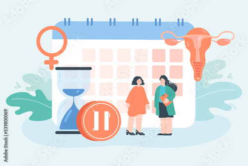 Tiny woman with gynecologist in background of calendar. Female person with menopause and low estrogen level having appointment with doctor flat vector illustration Health problem, gynecology concept