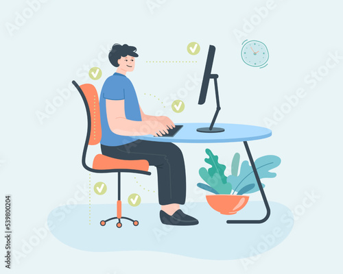 Instruction for correct sitting at desk flat vector illustration. Demonstration of right healthy position or posture at computer table. Man sitting on chair. Ergonomic workplace concept