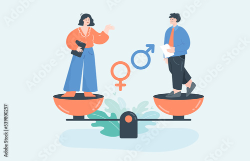 Man and woman on scale flat vector illustration. Happy male and female people balancing on weight, striving for equality in work and against discrimination. Gender, equality concept