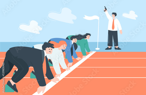 Office employees standing on ready line flat vector illustration. Business workers getting ready to run sprint, competing with each other. Career, competition, rivalry concept