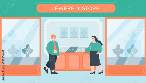 Salesman helping customer to choose jewelry in store. Woman buying gold accessory, rings or necklace in shop or mall flat vector illustration. Fashion, luxury concept