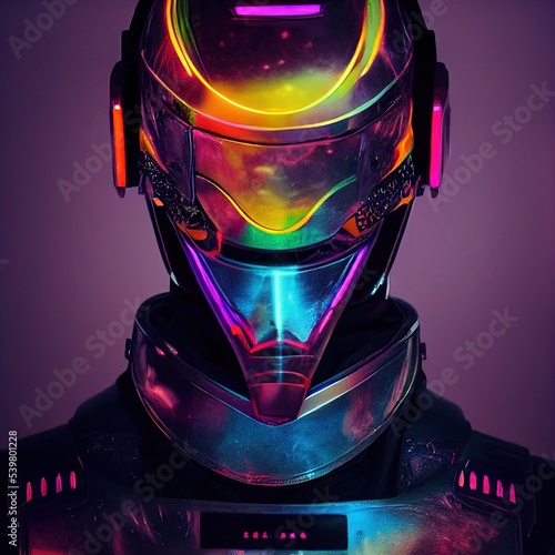 Portrait of cyber man with neon glowing armor and modern helmet with vizor. Bionomic robot. Cyberspace Augmented Reality, futuristic vision. 3d render on dark backdrop. Dystopian vibe.