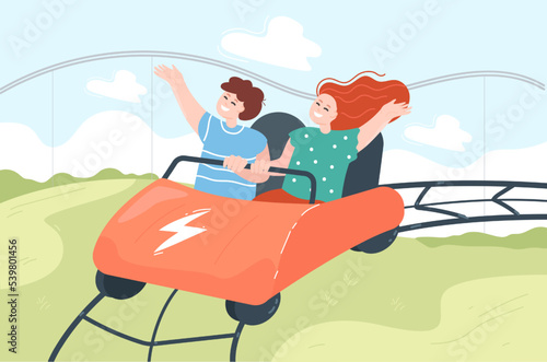 Happy kids riding roller coaster flat vector illustration. Boy and girl with closed eyes sitting in car, having fun in amusement park, smiling, enjoying life. Entertainment, friendship concept
