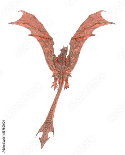 dragon is flying up on white background rear view