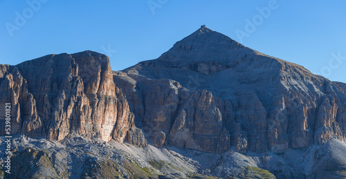 The landscape of the Dolomites seen from the Sella group: one of the most famous and spectacular mountain massifs in the Alps, near the town of Canazei, Italy - July 2022. © Roberto