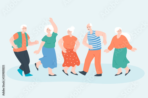 Group of happy elderly cartoon people dancing to music. Senior men and women having fun at party, grandfathers and grandmothers in dance club flat vector illustration. Entertainment, age concept