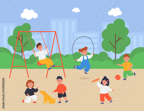 Children playing on playground flat vector illustration. Happy toddlers, preschoolers swinging on swings, feeding dog on backyard. Cute girls and boys playing football. Playtime, childhood concept