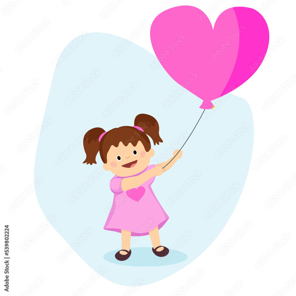 Cute girl with a heart-shaped balloon. Smiling girl in a pink dress. Happy and love concept. Vector illustration Cute girl with a heart-shaped balloon. Smiling girl in a pink dress. Happy and love concept. Vector illustration