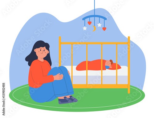 Depressed mother sitting next to crib with newborn child. Sad and tired mom next to sleeping baby in crib flat vector illustration. Postnatal depression, anxiety, motherhood concept for banner