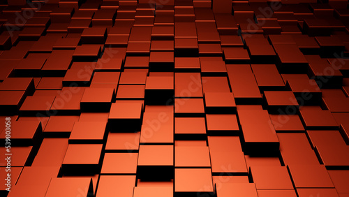 Shifted red metallic floor tiles or square cubes abstract 3D background  interior pattern wallpaper
