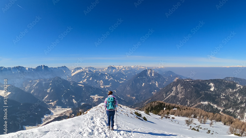 Woman on a snow shoe track leading to mountain summit Freiberg near Zell Pfarre (Sele), Austrian Alps, Carinthia (Kaernten), Austria, Europe. Winter wonderland on sunny day in Karawanks, Julian Alps