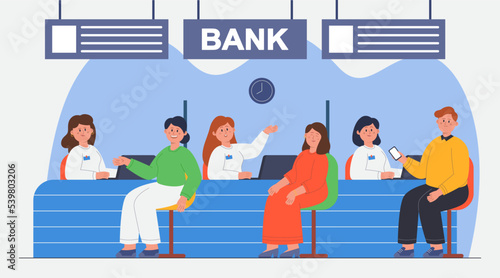 People talking with managers in bank flat vector illustration. Clients sitting and advising about taking out loan, opening deposit or applying for mortgage. Banking service, department concept