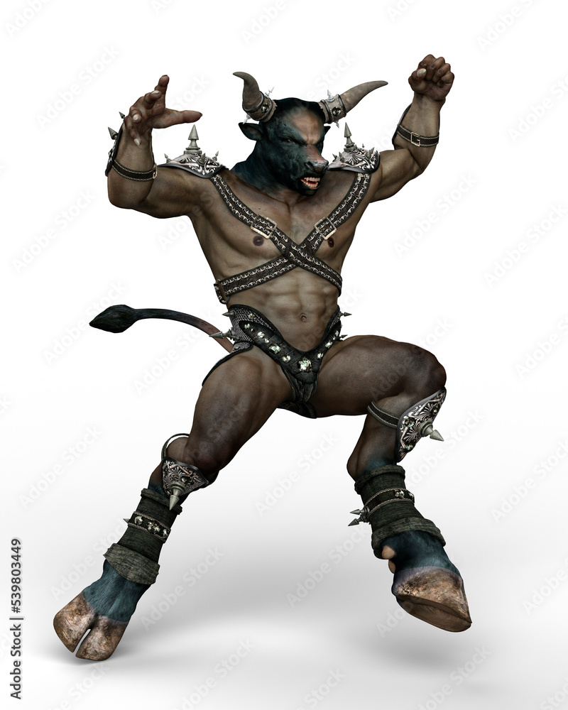 3D illustration of a Minotaur, the mythical part man, part bull monster from Greek mythology, leaping in battle isolated on a transparent background.