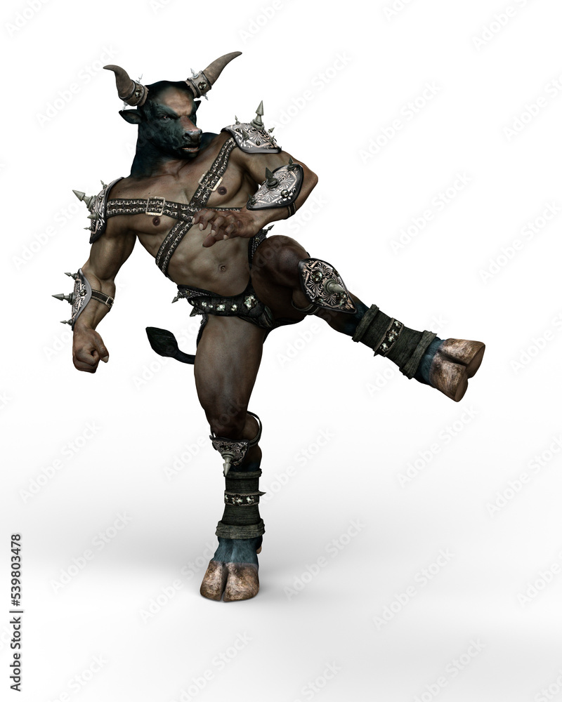 3D illustration of a Minotaur, the mythical creature from Greek mythology, kicking with his hoof isolated on a transparent background. 3D illustration of a Minotaur, the mythical creature from Greek mythology, kicking with his hoof isolated on a transparent background.