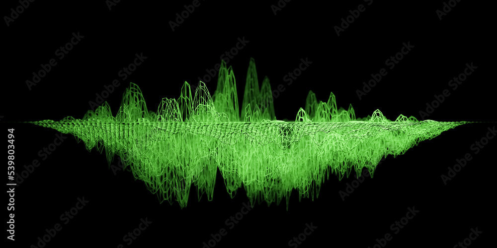 Illustration of green abstract wireframe sound waves, visualization of frequency signals audio wavelengths, conceptual futuristic technology waveform background with copy space for text