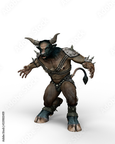 3D illustration of a Minotaur, the mythical monster from Greek mythology, in fighting pose isolated on a transparent background.