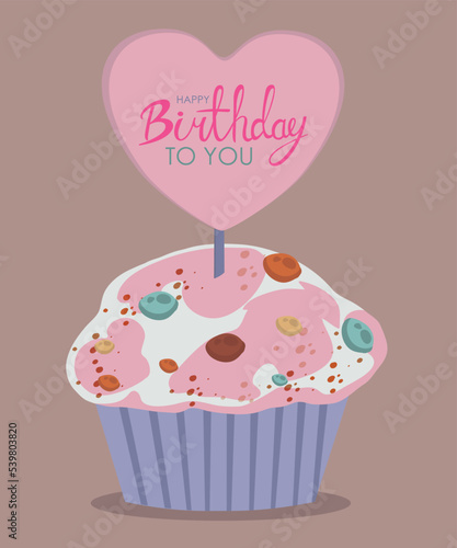 Happy Birthday To You card design with a cute Muffin and Heart 