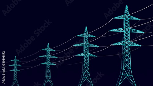 The concept of an animated video in 4k, bringing electricity to the city. Emergence of electric towers, electric wires. Lights come on in the windows of houses. (ID: 539803892)
