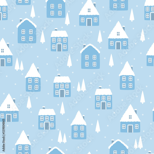 Seamless hand drawn blue pattern. Cute blue houses with christmas tree.