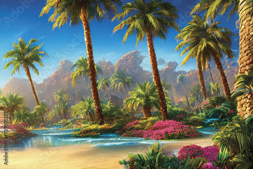 Palm tree in a Desert oasis. Fantastic background. landscape, realistic illustration