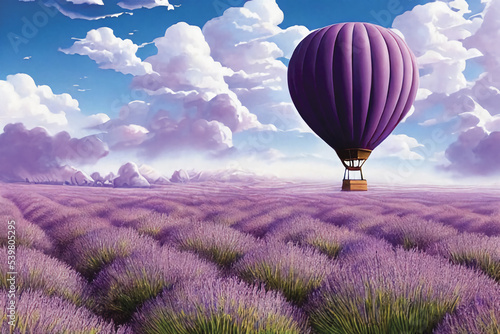  Lavender field, beautiful view, flying balloon, white-maned clouds, fantastic landscape