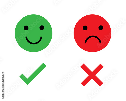 The right and wrong mark. Emoji shows feelings of happiness and sadness. Vector illustration in flat design. isolated on white background.