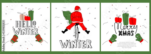 Merry Christmas set postcards with cute Santa Claus on bicycle and quote lettering WINTER,  HELLO WINTER, MERY XMAS. The vector illustration xmas web postcard in hand drawn art style.